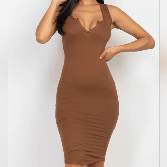 𝅺Brown Split Neck Tank Mini Dress - Picture 2 of 5